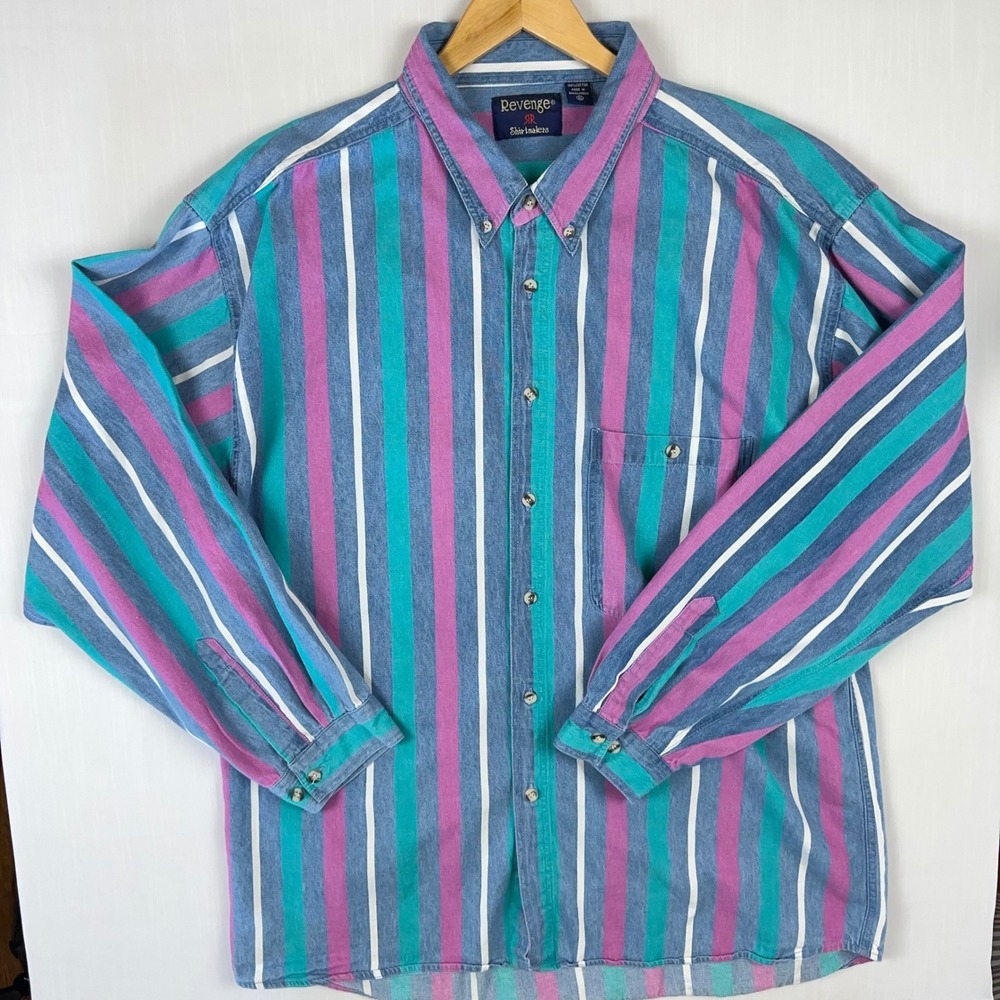 Vintage Revenge Shirtmakers Mens XL Striped Button Down Multi Color 90s Cotton